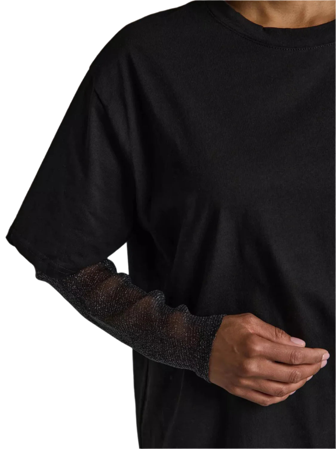 Faux Layered Round Neck Mesh Sleeve Top