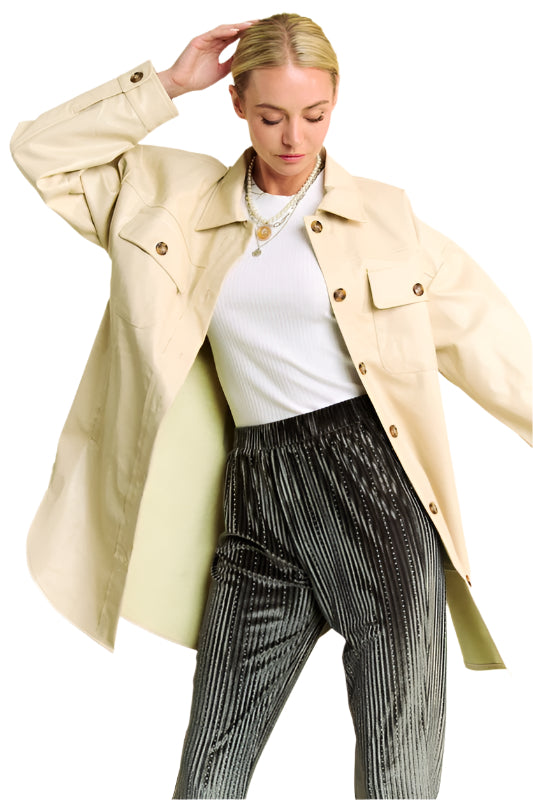 Davi & Dani Faux Leather Button Up Jacket with Chest Pockets