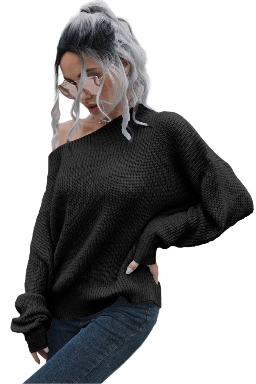 Off-Shoulder Ribbed Long Sleeve Pullover Sweater