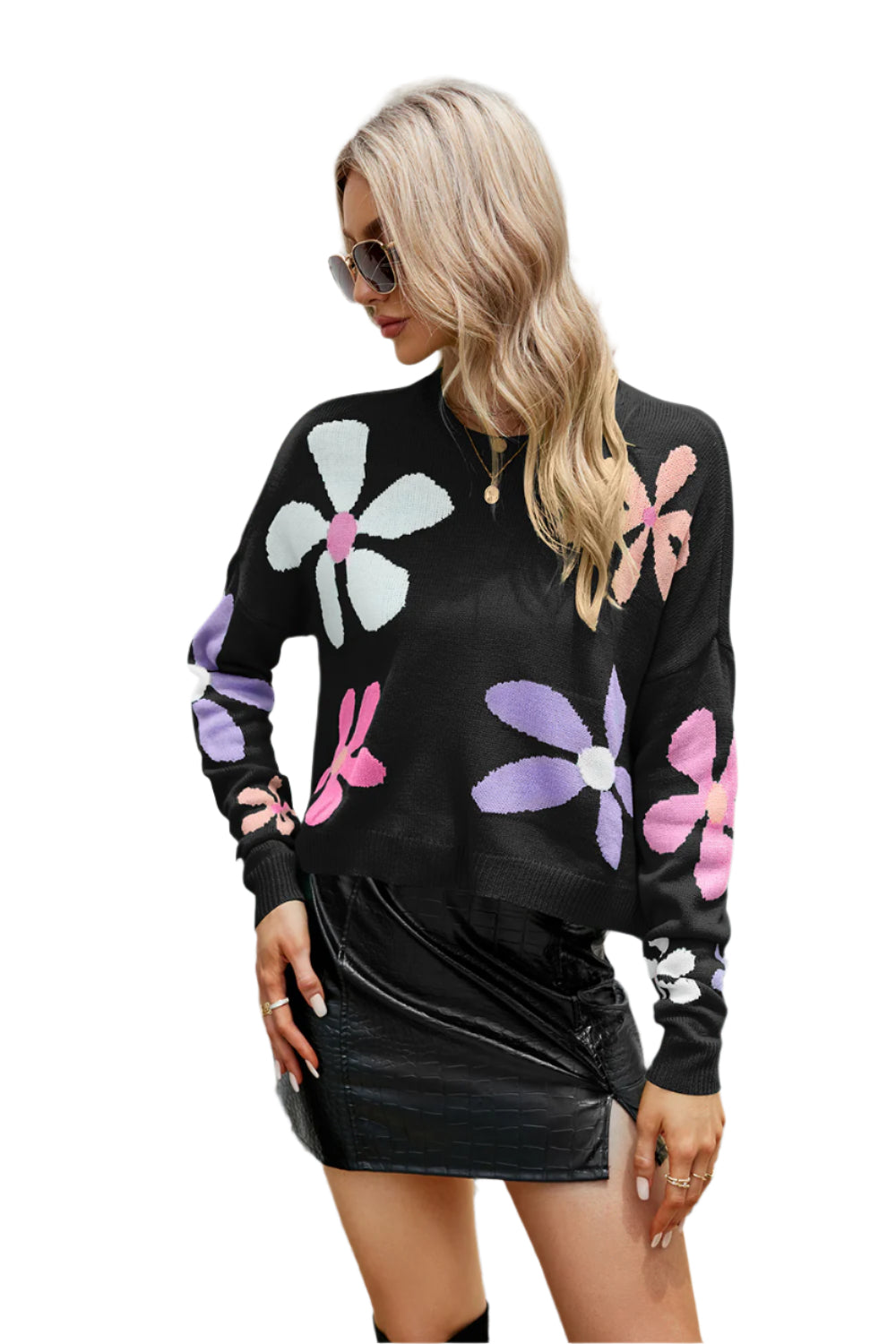 Flower Round Neck Drop Shoulder Sweater