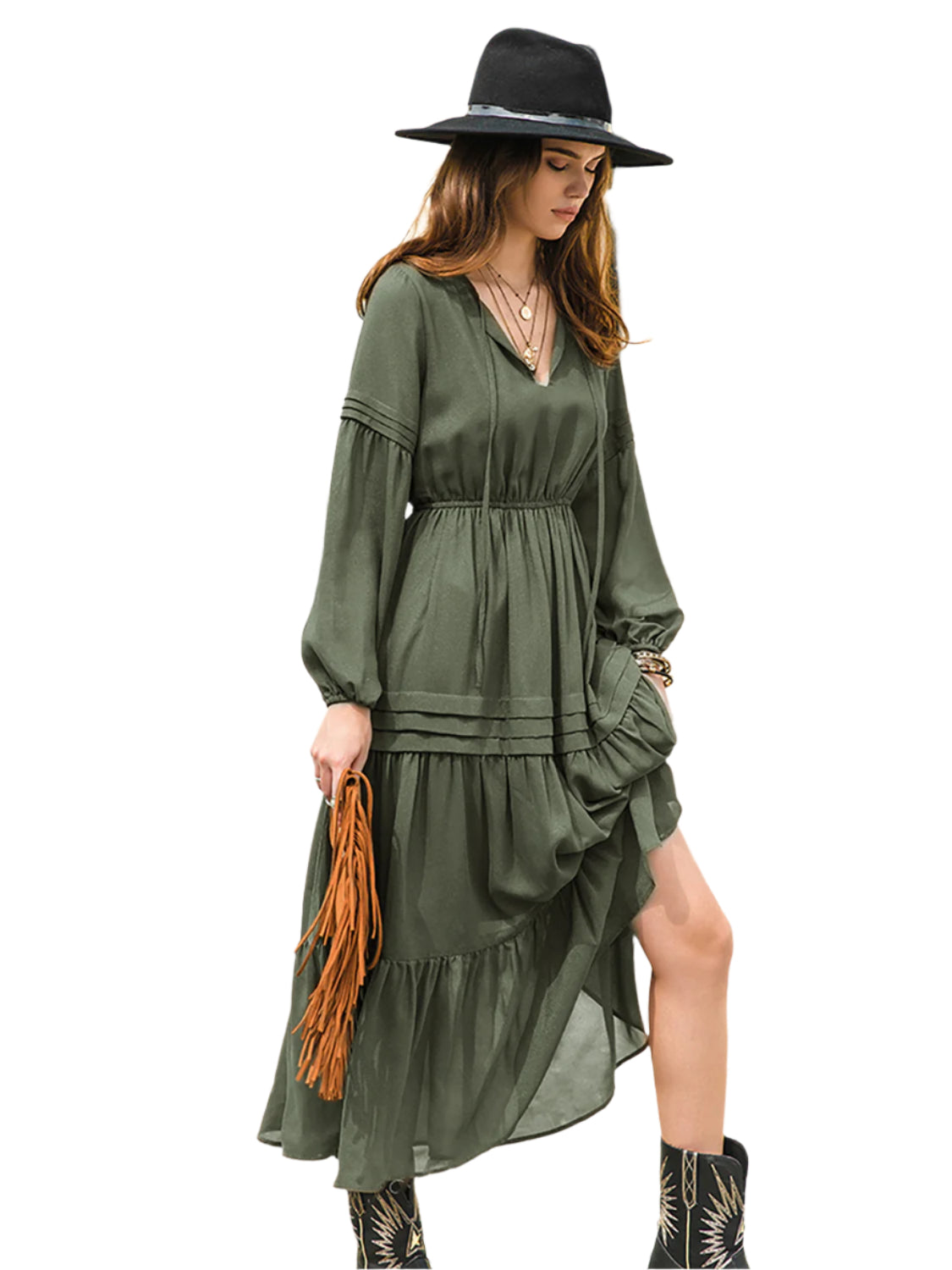 Tie Neck Long Sleeve Midi Tiered Dress