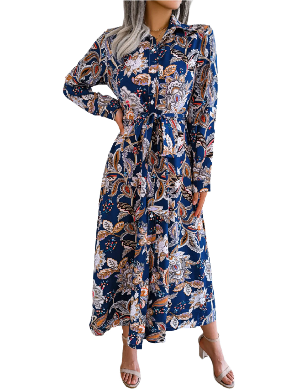 Tied Printed Long Sleeve Midi Dress