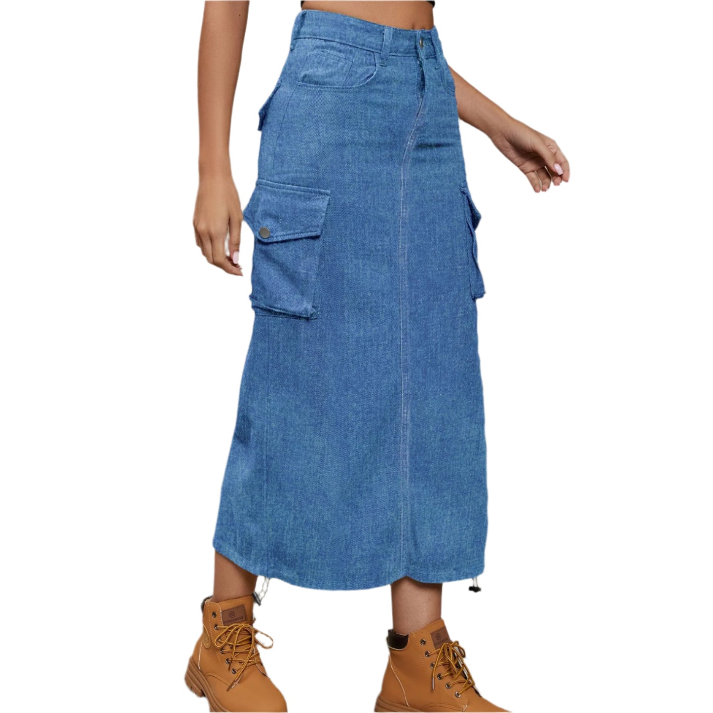 Drawstring Ruched Slit Denim Midi Skirt