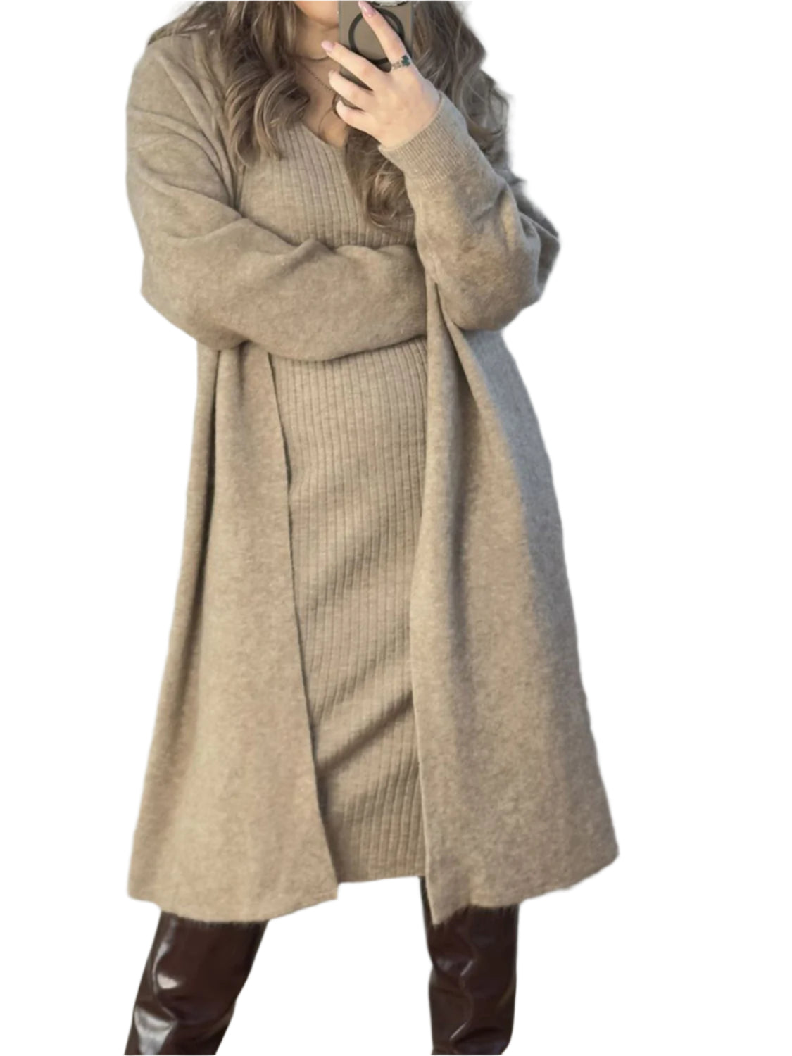 V-Neck Cami Dress and Open Front Cardigan Sweater Set