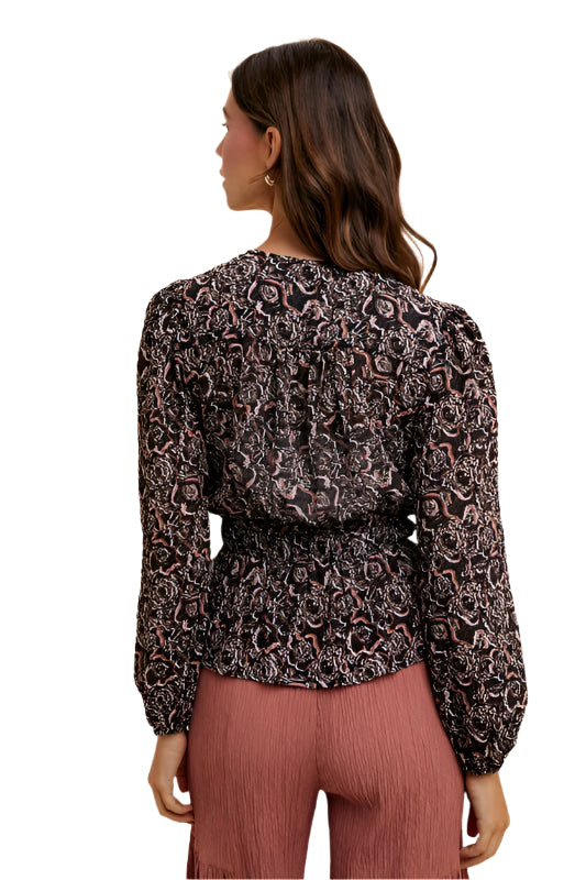 Annie Wear Abstract Print Balloon Sleeve Peplum Blouse