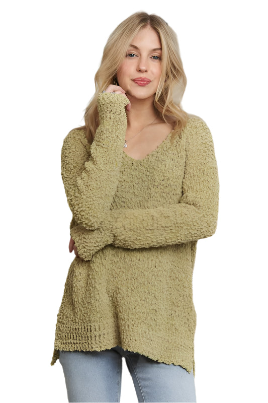 ADORA High-Low Side Slit V-Neck Sweater