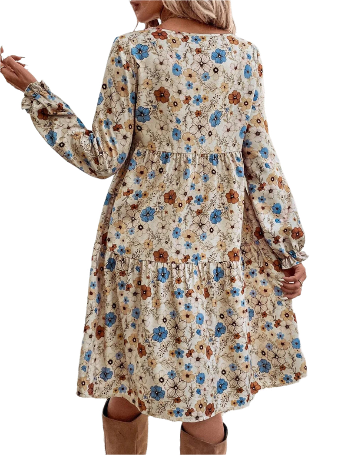 Tiered Floral Round Neck Long Sleeve Dress