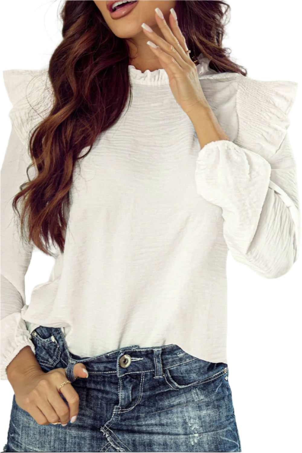 Frill Mock Neck Ruffled Balloon Sleeve Blouse