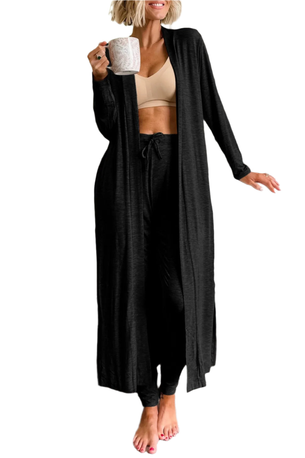 Open Front Long Sleeve Cardigan and Pants Lounge Set