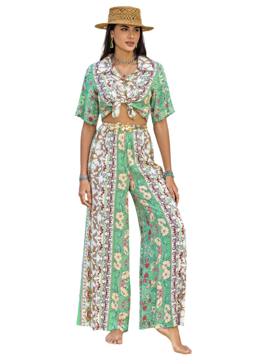 Printed Half Sleeve Top and Wide Leg Pants Set