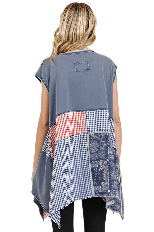 Mittoshop Patchwork Mineral Washed Round Neck Cap Sleeve Top