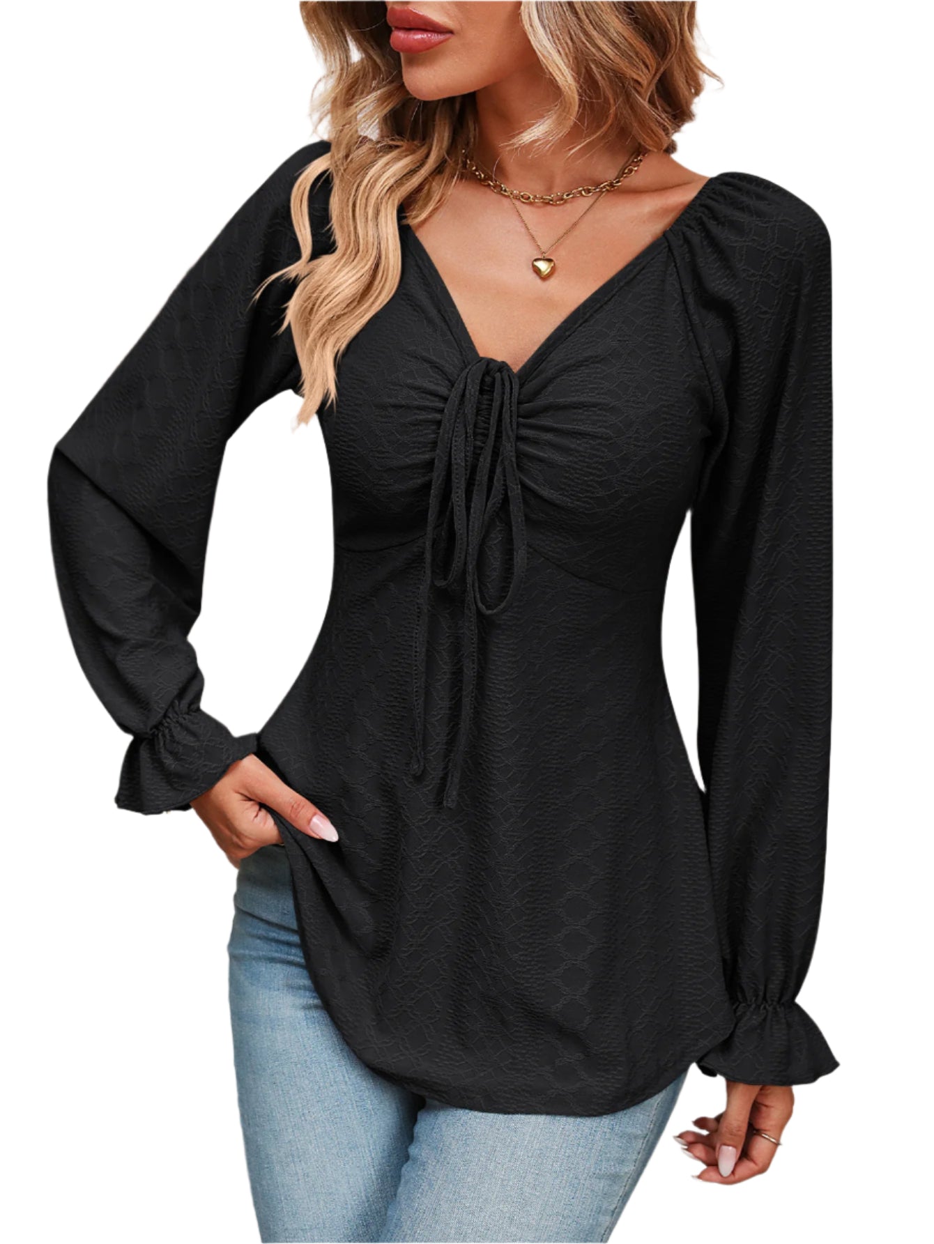 Mandy Tie Front V-Neck Puff Sleeve Blouse