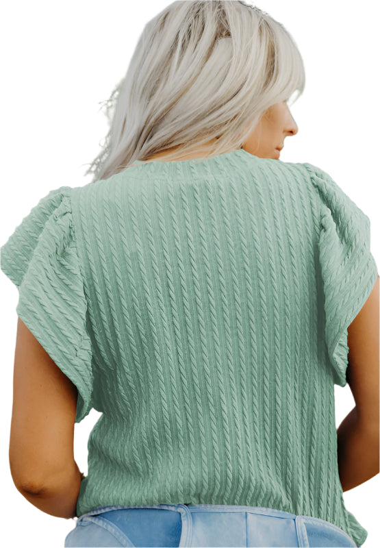 Textured Round Neck Flounce Sleeve Blouse