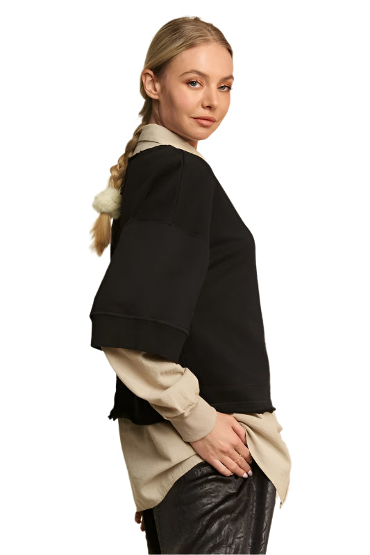 Davi & Dani Faux Layered French Terry Contrast Top