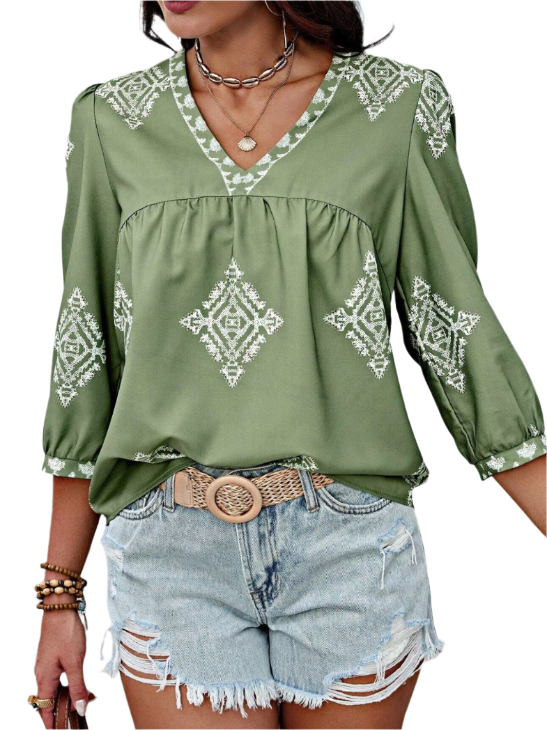 Printed V-Neck Three-Quarter Sleeve Blouse