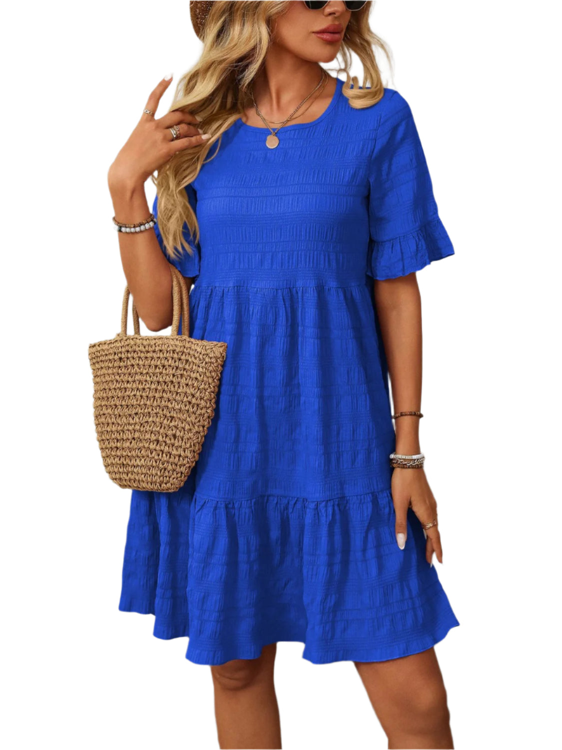 Mandy Ruffled Ruched Round Neck Half Sleeve Dress