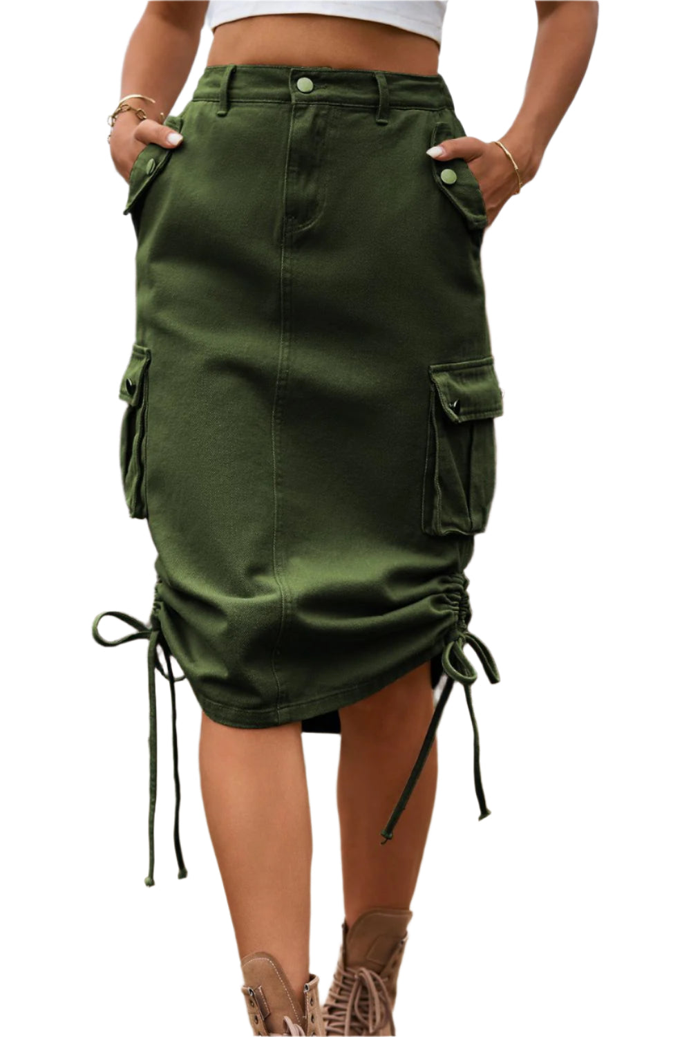 Drawstring Denim Cargo Skirt