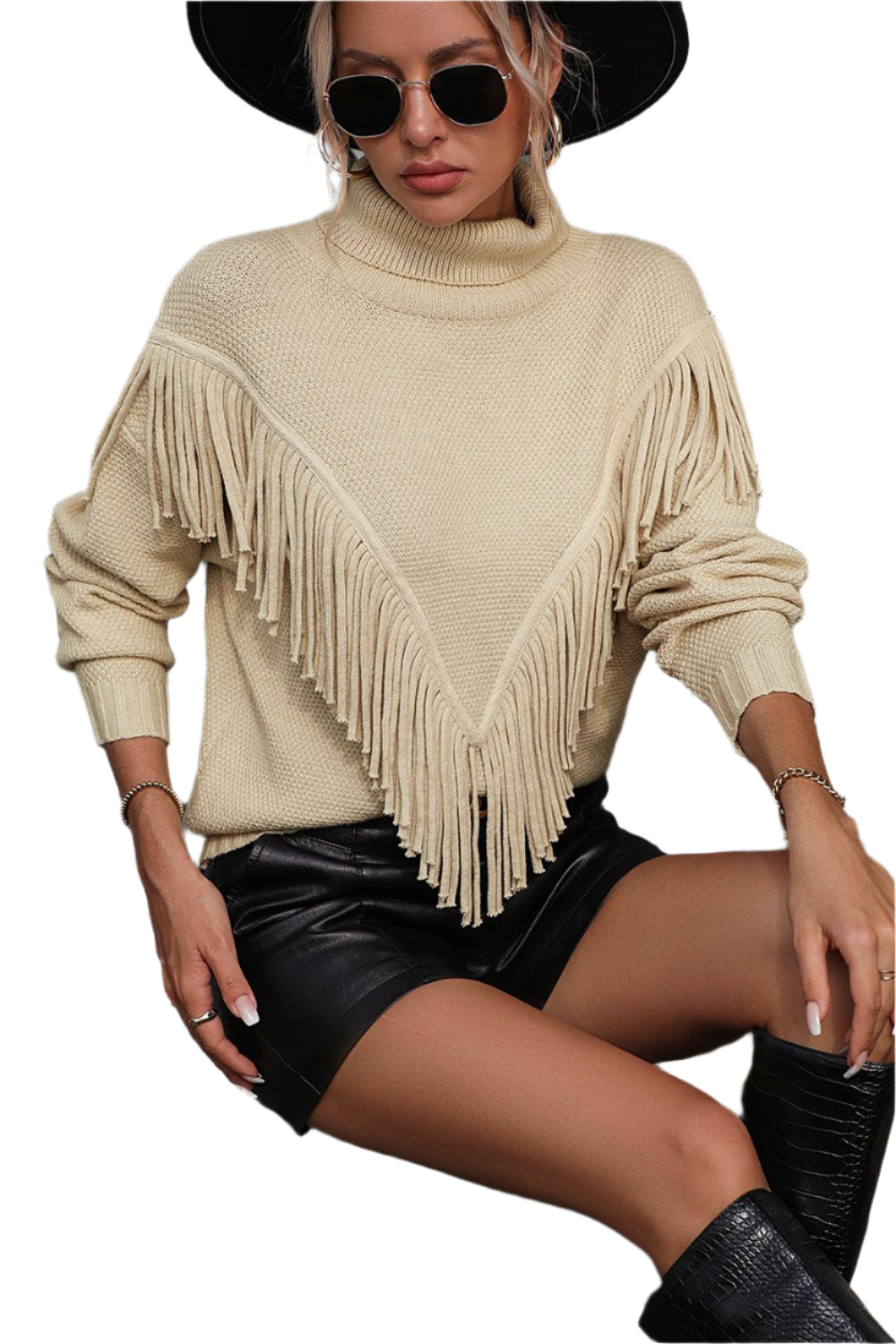 Turtle Neck Tassel Front Long Sleeve Pullover Sweater