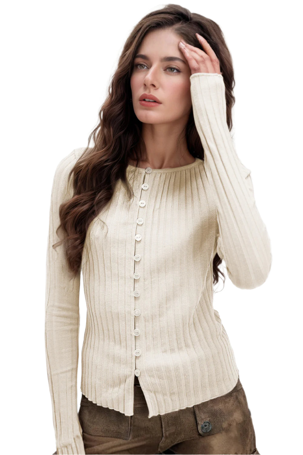 Basic Bae Texture Button Up Round Neck Long Sleeve Top