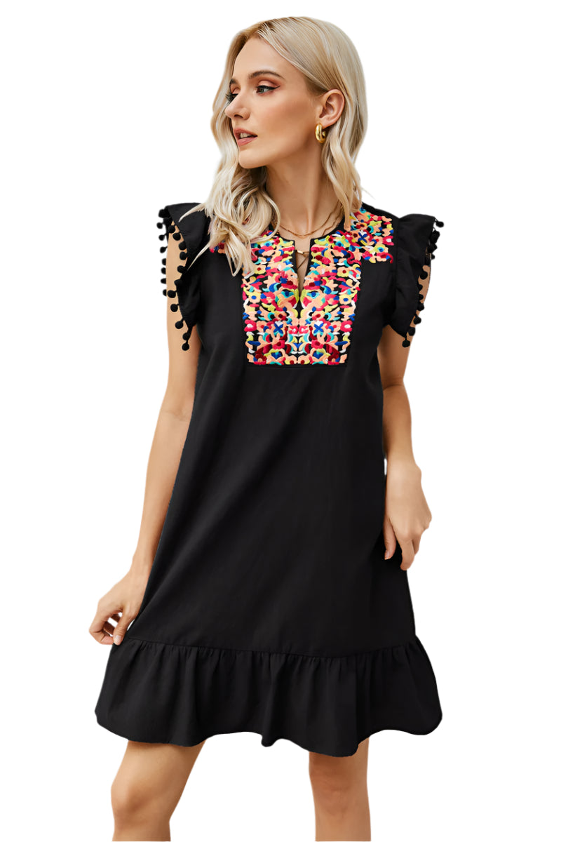 Graphic Embroidered Ruffle Hem Dress