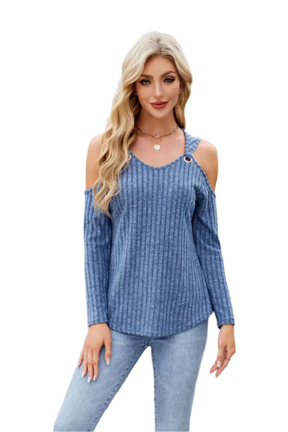 Ribbed Cold Shoulder Long Sleeve Top