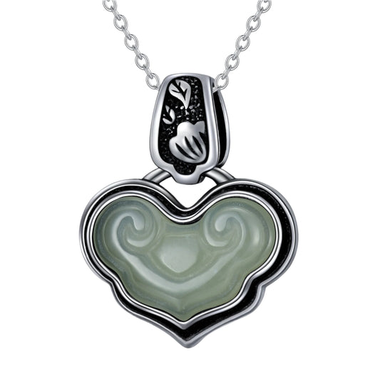 Carved Jade Crystal Inlaid Heart Pendant 925 Sterling Silver Necklace