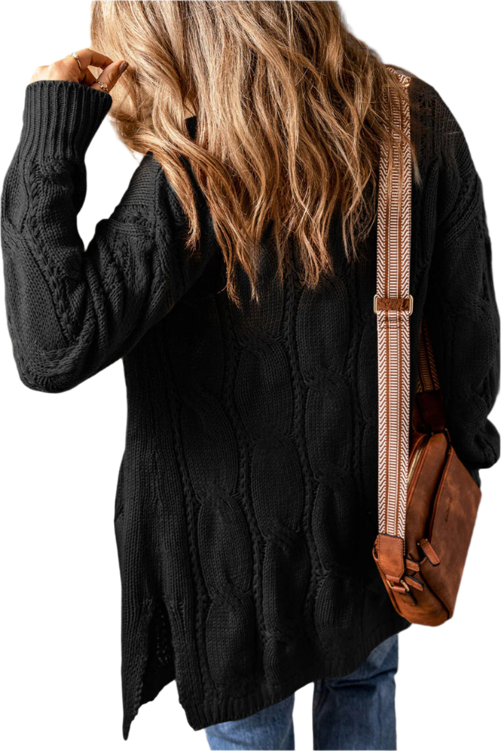 Cable-Knit Dropped Shoulder Slit Cardigan