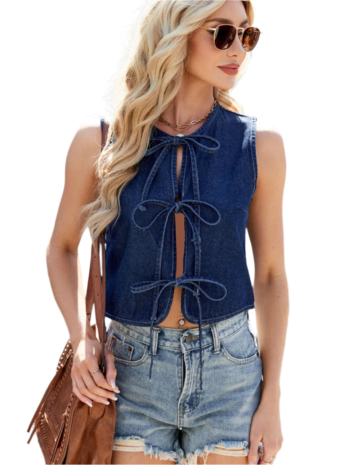 Tied Round Neck Denim Vest