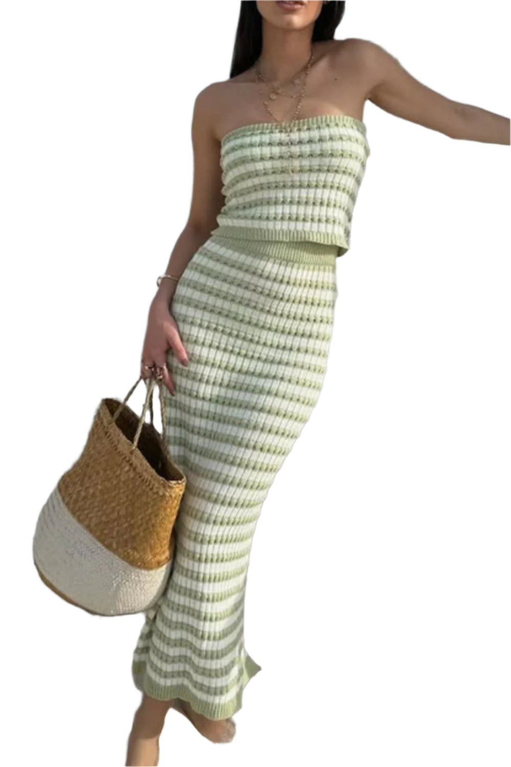 Contrast Striped Tube Top and Skirt Sweater Set