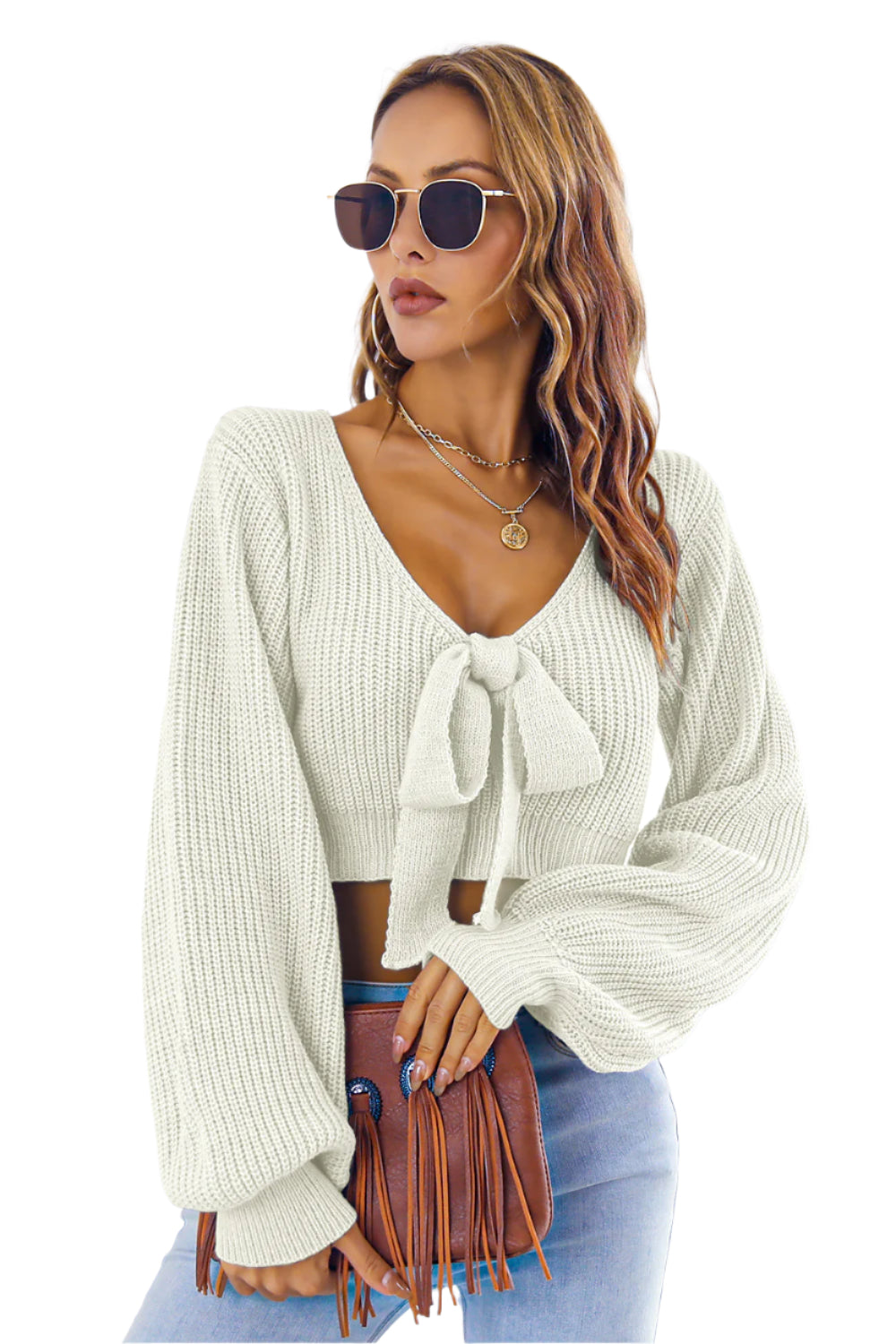 Bow V-Neck Long Sleeve Cropped Sweater