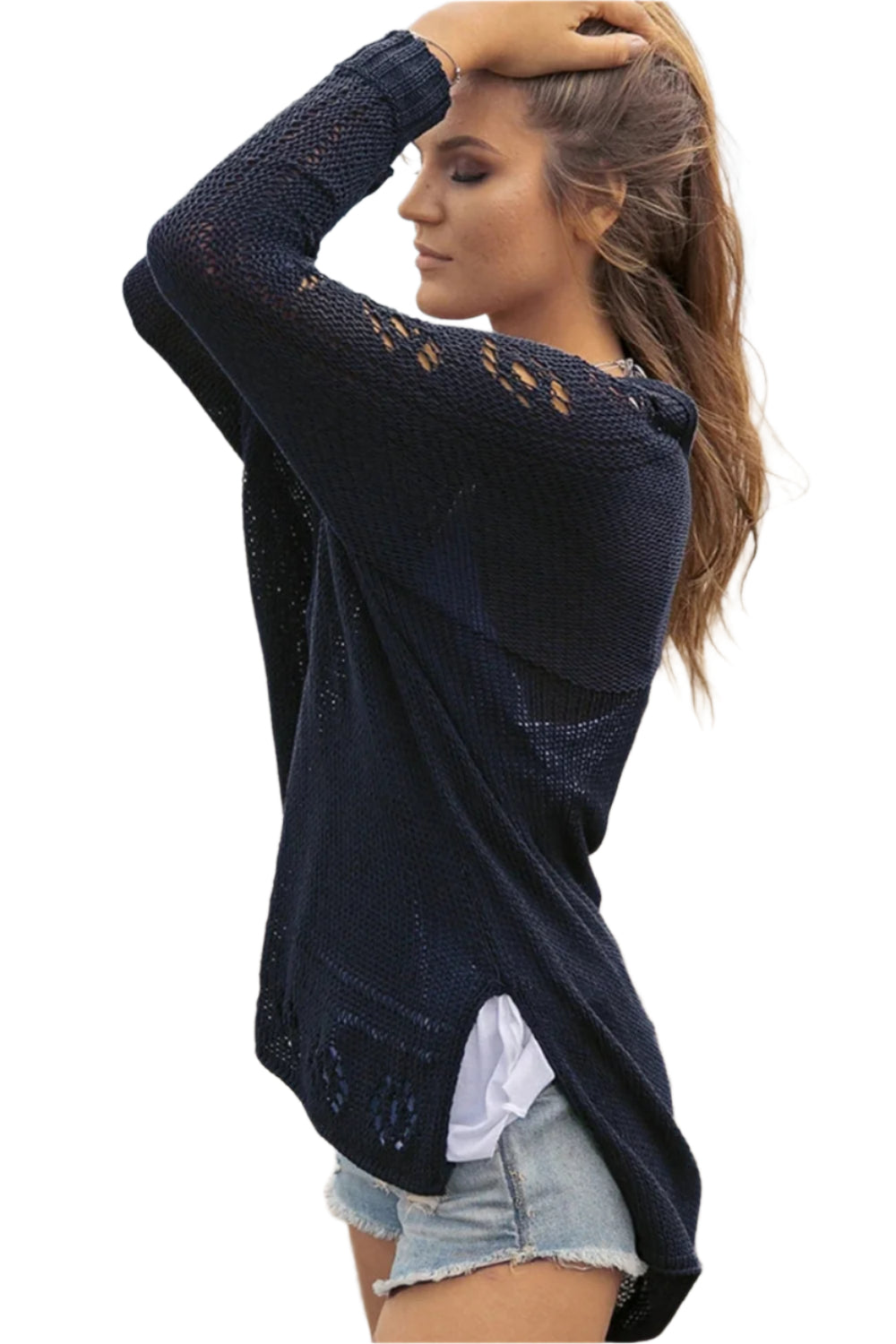 Openwork Side Slit Open Front Long Sleeve Cardigan