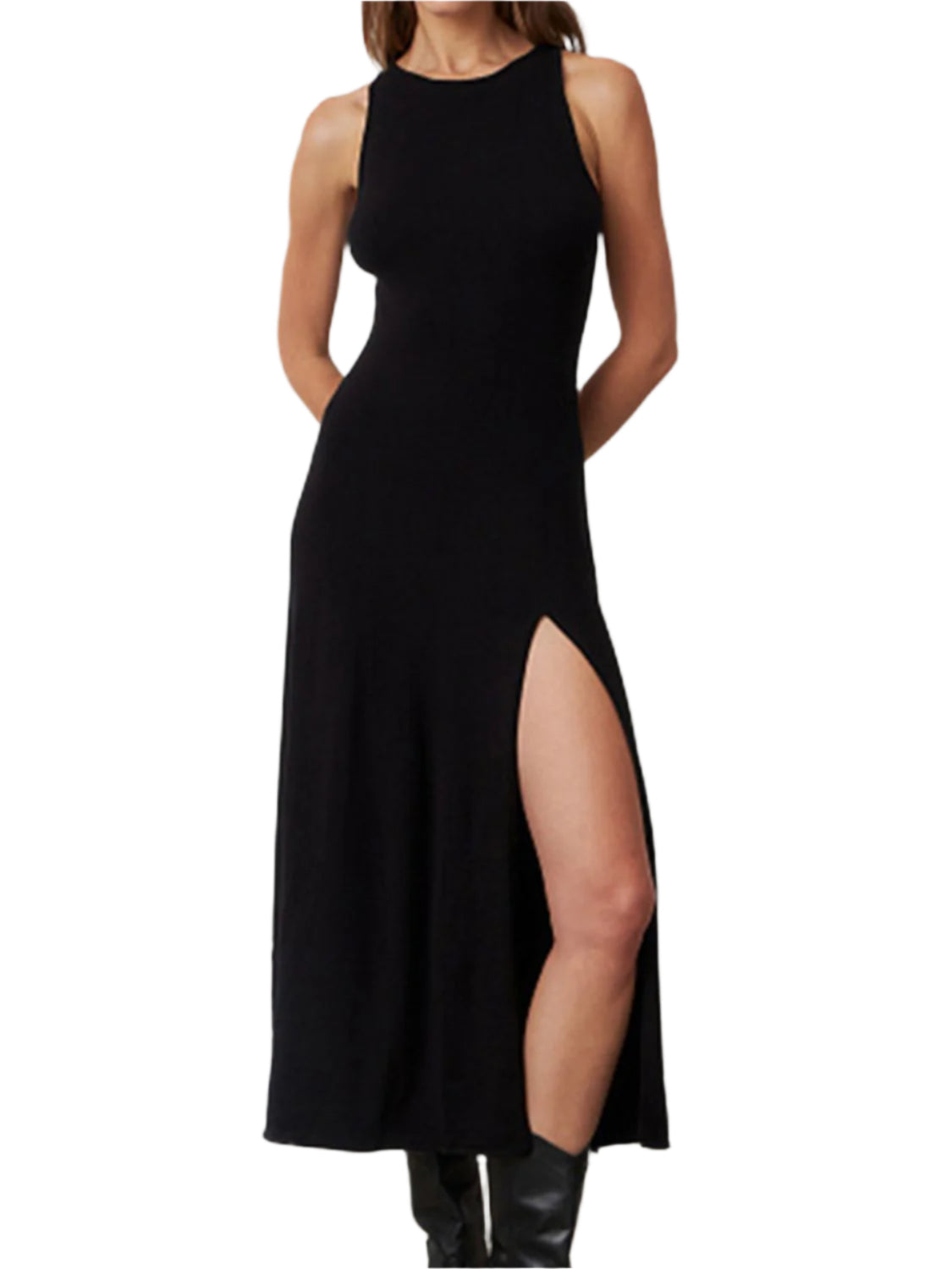 Side Slit Round Neck Sleeveless Dress