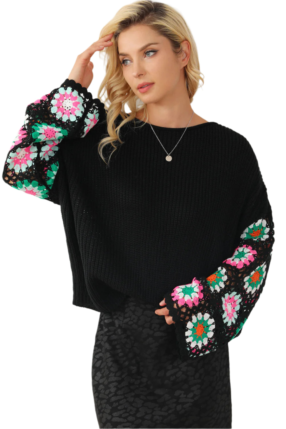 Crochet Round Neck Long Sleeve Knit Top
