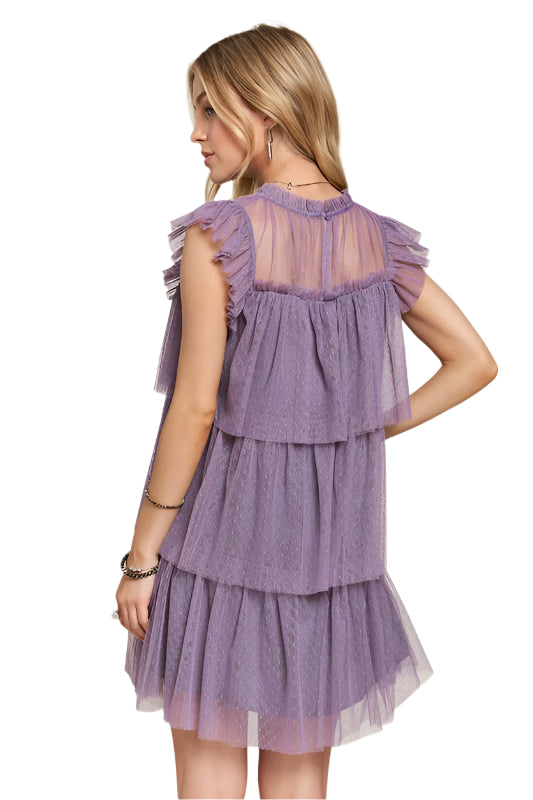 ADORA Layered Ruffled Cap Sleeve Mesh Dress