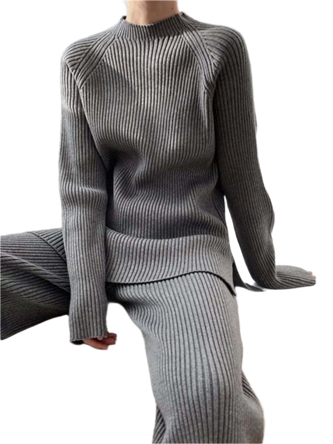 Mock Neck Raglan Sleeve Top and Pants Sweater Set