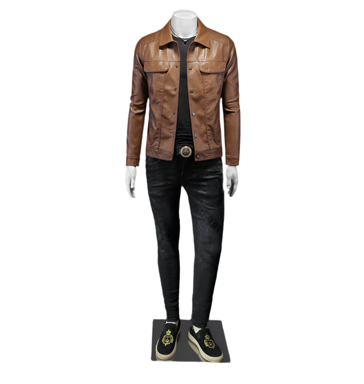 Men's Button Down PU Leather Jacket