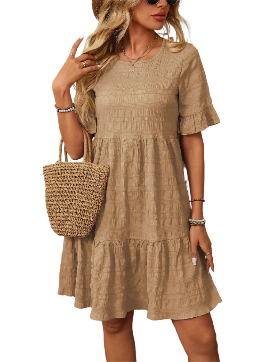 Mandy Ruffled Ruched Round Neck Half Sleeve Dress