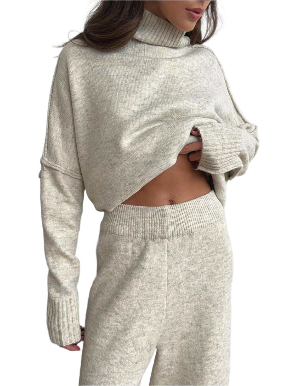 Slit Turtleneck Long Sleeve Top and Pants Sweater Set