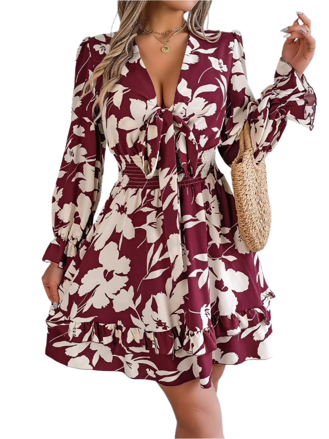Tied Ruffled Printed Long Sleeve Dress