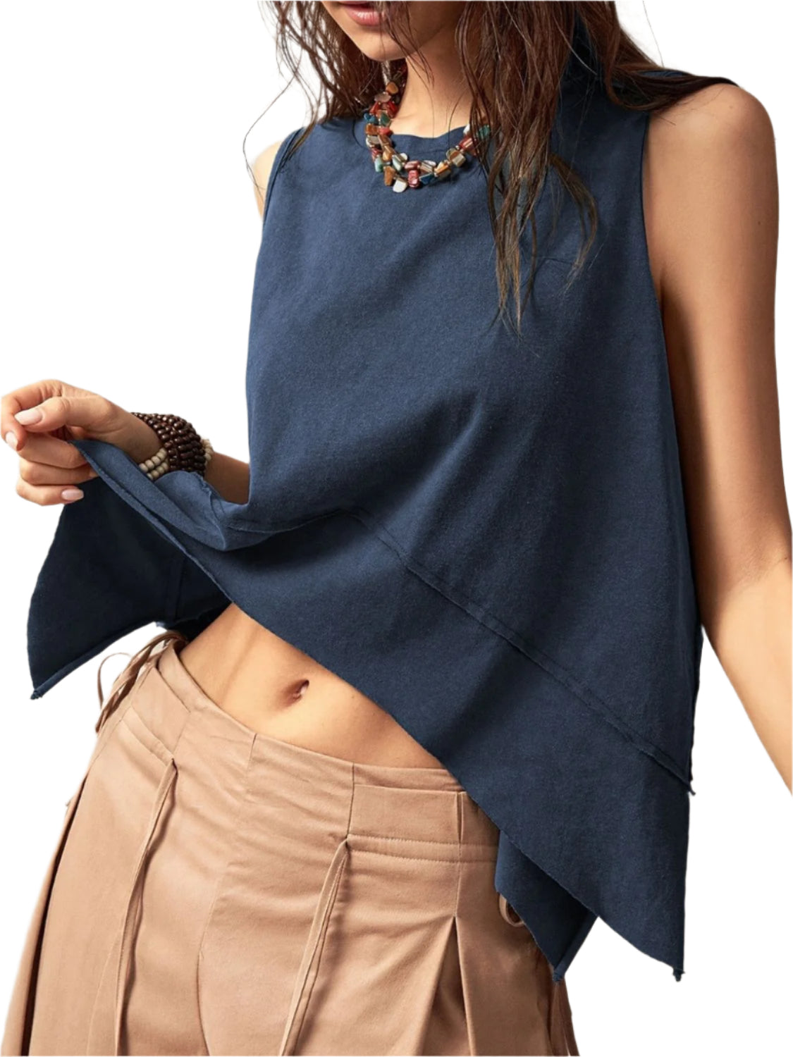 Exposed Seam Side Slit Round Neck Tank
