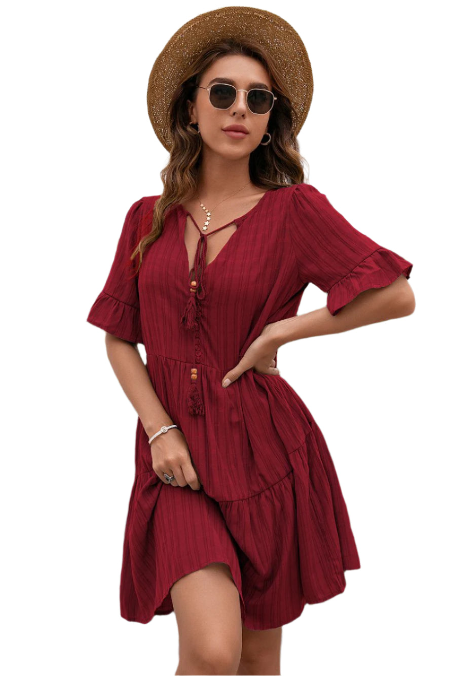 Ivy Lane Tassel Tie-Neck Ruffle Hem Dress