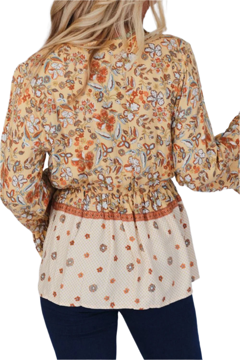 Peplum Printed Surplice Flare Sleeve Blouse