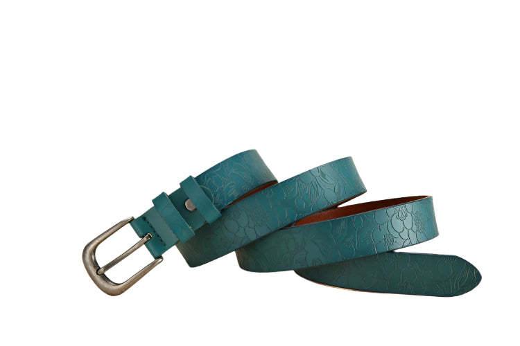 Floral Design Embossed Cowhide Leather Belt
