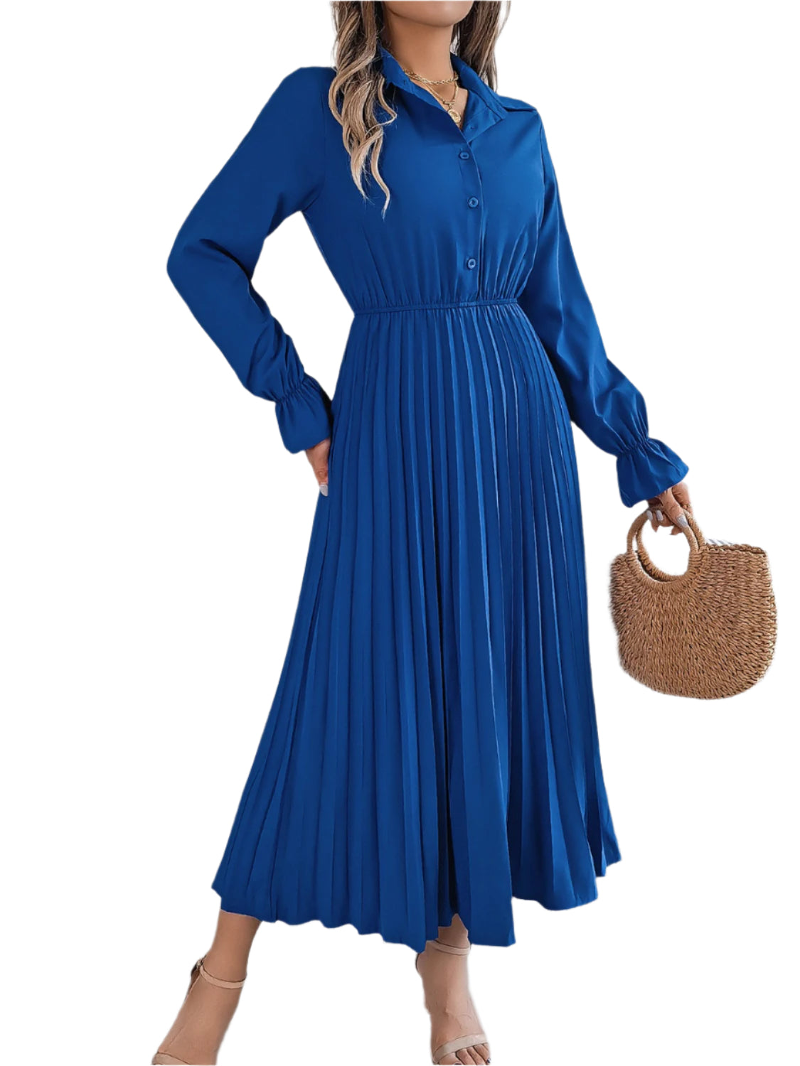 Pleated Half Button Long Sleeve Midi Dress