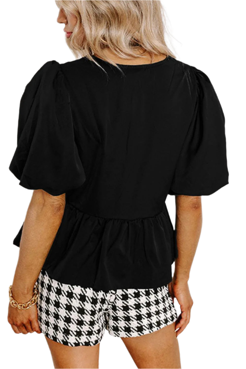 Cutout Round Neck Puff Sleeve Blouse