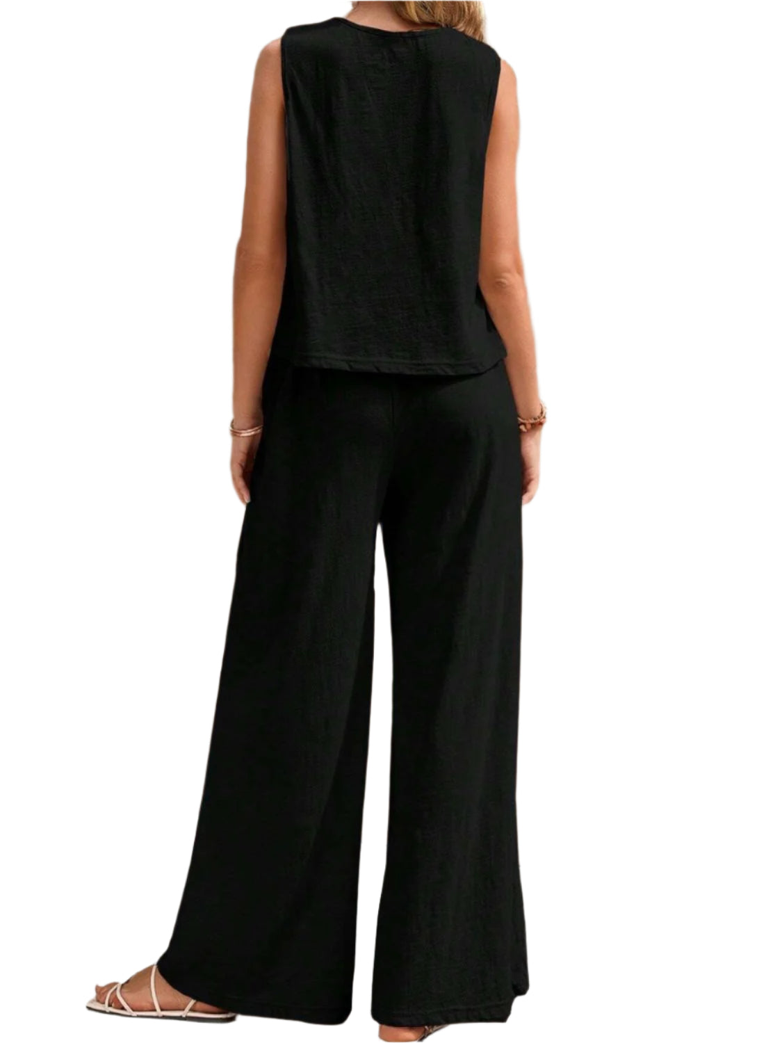 Round Neck Sleeveless Top and Wide Leg Pants Set