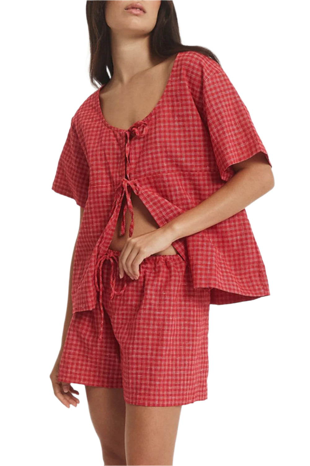 Plaid Tied Scoop Neck Short Sleeve Top and Drawstring Shorts Set