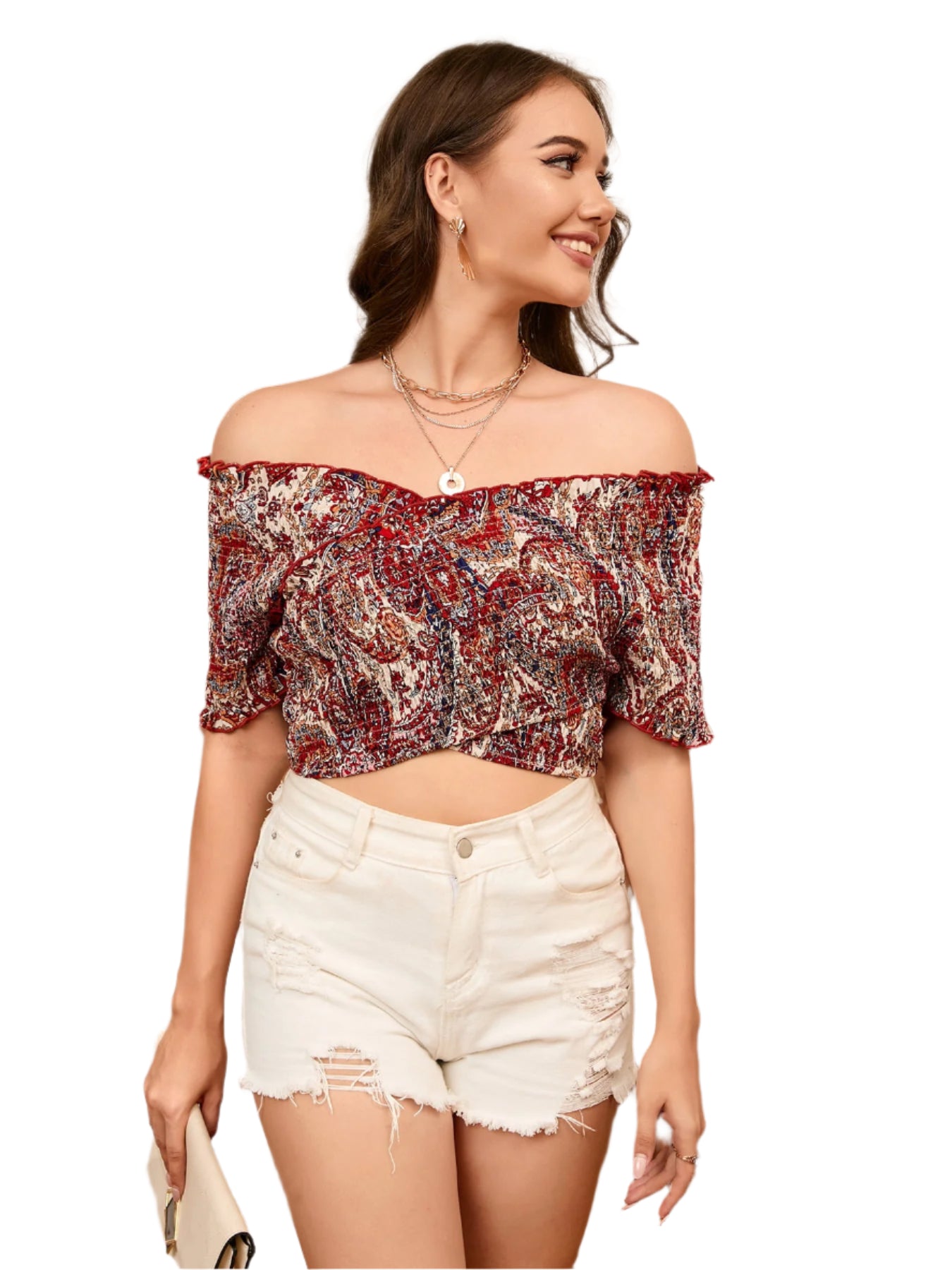 Printed Crisscross Smocked Crop Top