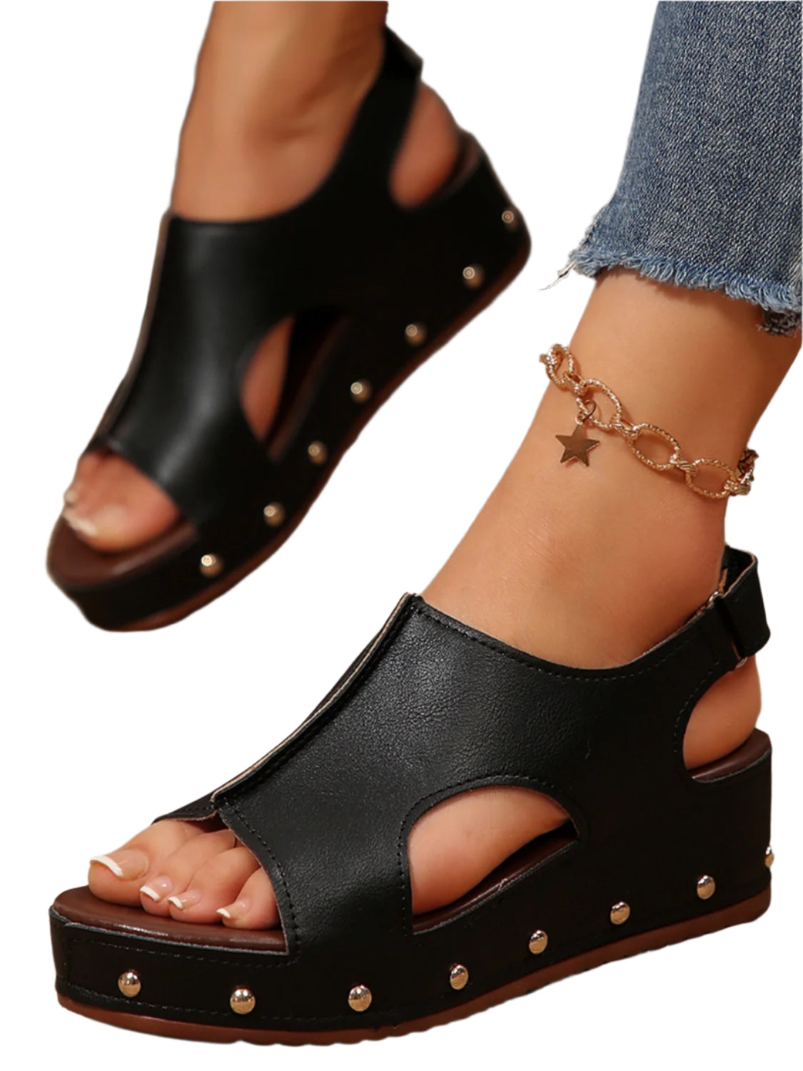 PU Leather Studded Wedge Sandals