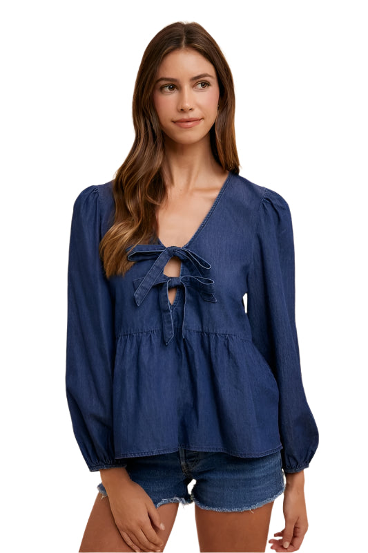 Annie Wear Tie Front Peplum Long Sleeve Denim Top